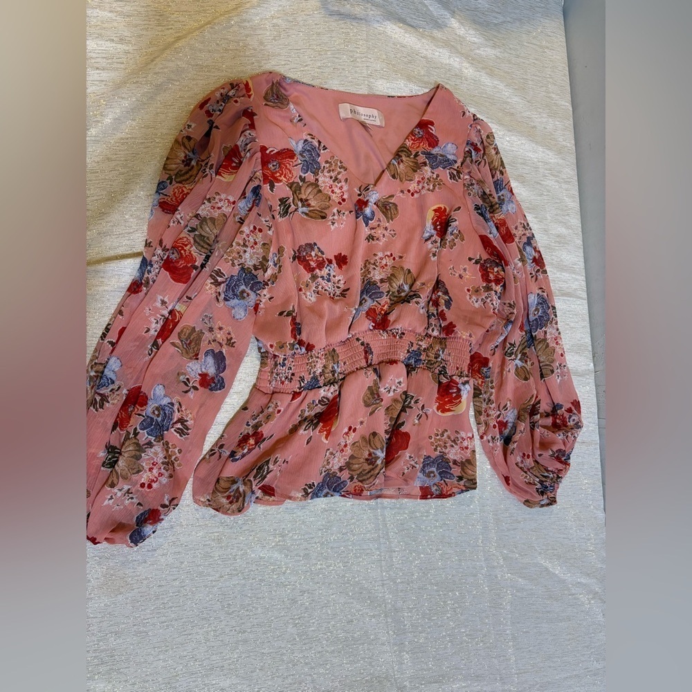 Philosophy Women's Pink Floral V-Neck Puff Sleeve Blouse Size M